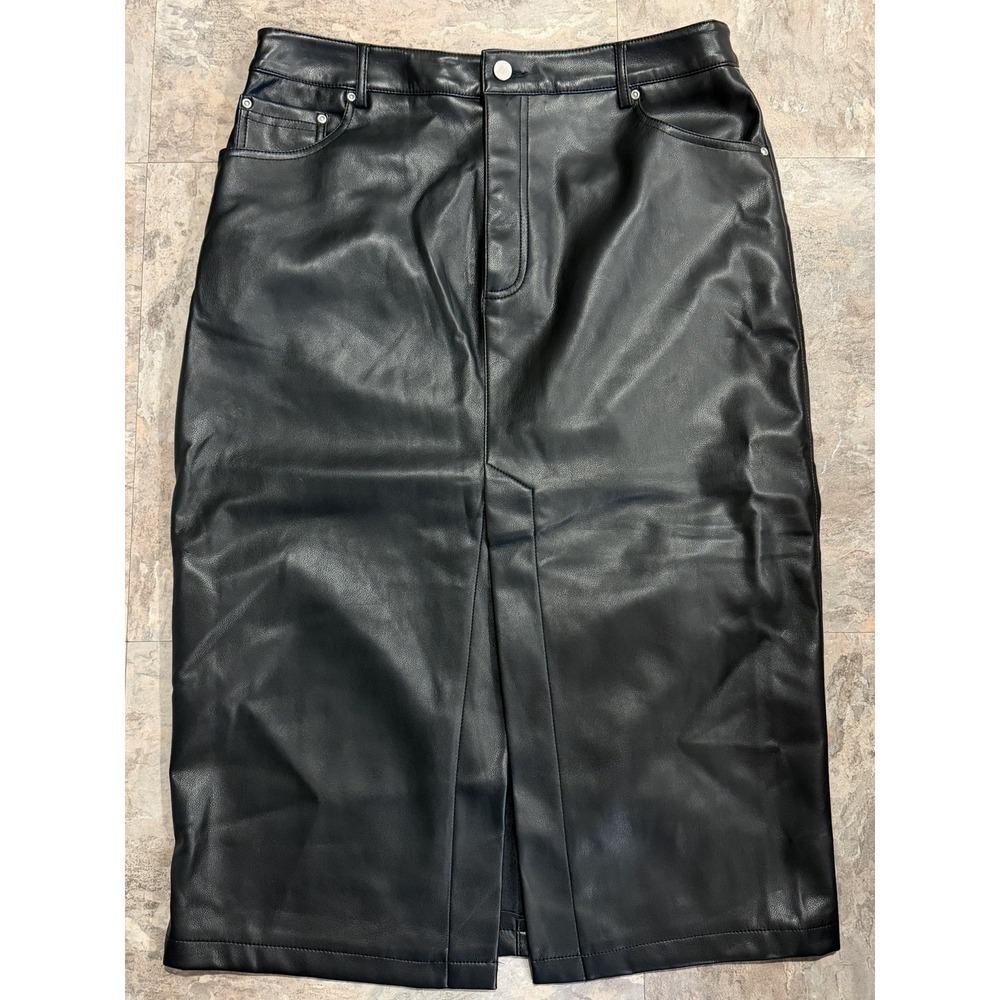 7 For All Mankind Midi Skirt Faux Leather Black Front Slit Size Large NWT